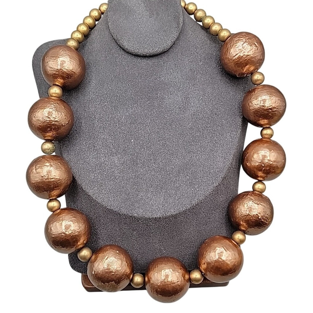 Vintage Chunky Metallic Bronze Painted Wood Ball Statement Necklace Mid Century
