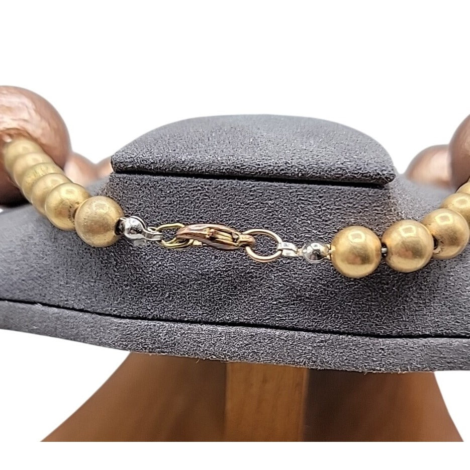 Vintage Chunky Metallic Bronze Painted Wood Ball Statement Necklace Mid Century