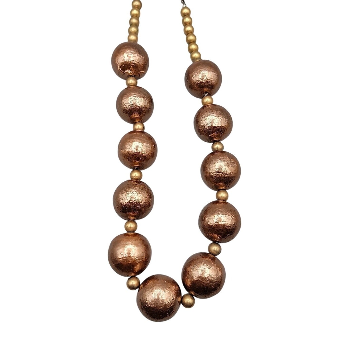Vintage Chunky Metallic Bronze Painted Wood Ball Statement Necklace Mid Century
