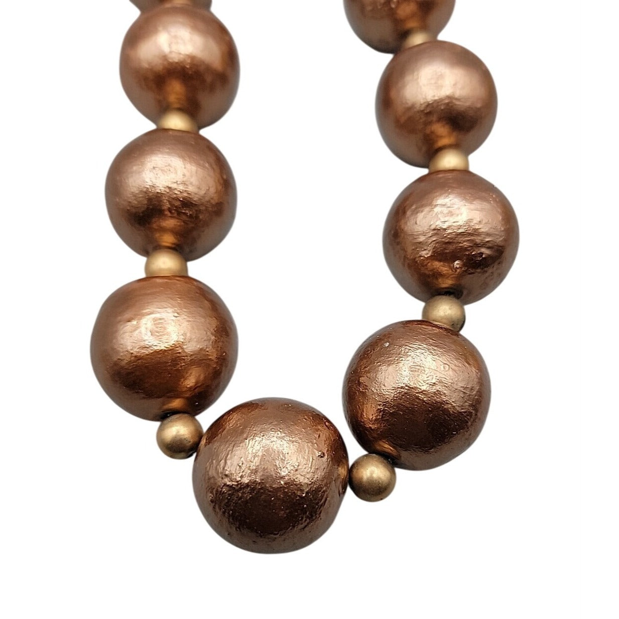 Vintage Chunky Metallic Bronze Painted Wood Ball Statement Necklace Mid Century