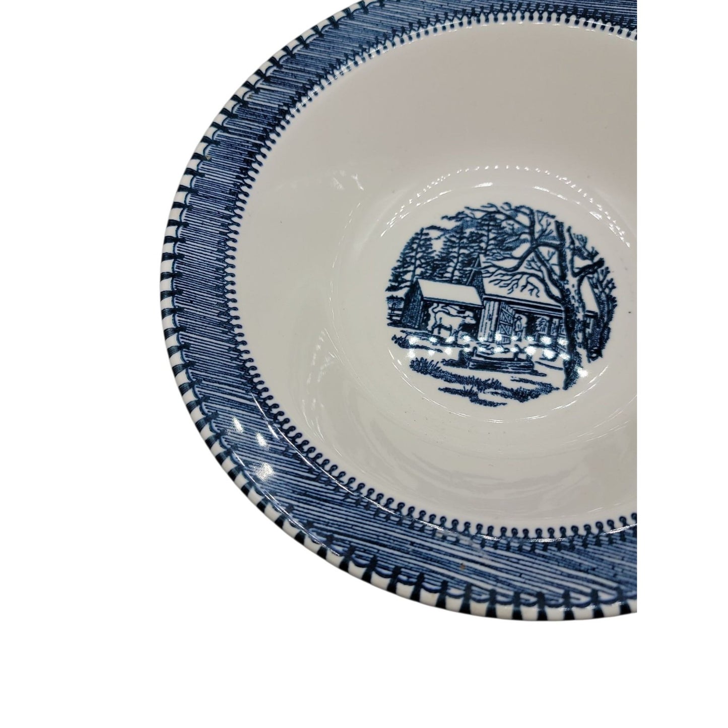 Country Life Blue Vegetable Serving Bowl 9" Currier & Ives Print Edwin Knowles