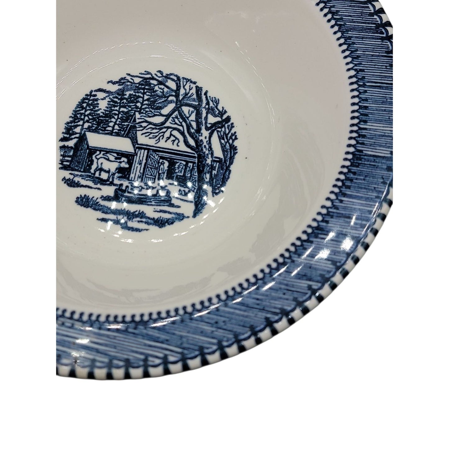 Country Life Blue Vegetable Serving Bowl 9" Currier & Ives Print Edwin Knowles