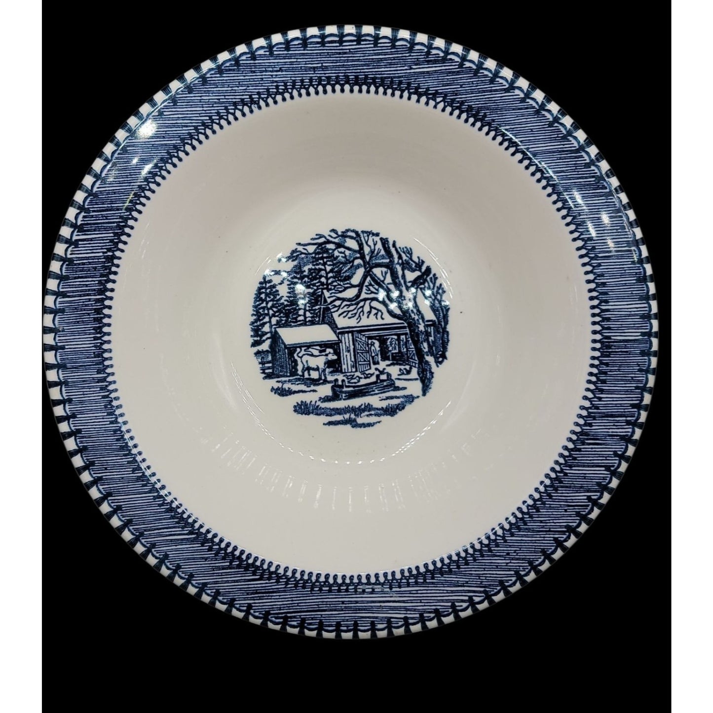 Country Life Blue Vegetable Serving Bowl 9" Currier & Ives Print Edwin Knowles