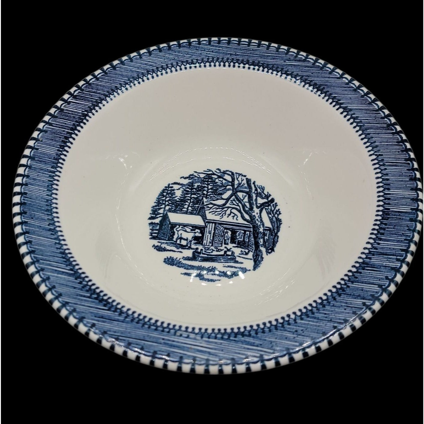 Country Life Blue Vegetable Serving Bowl 9" Currier & Ives Print Edwin Knowles