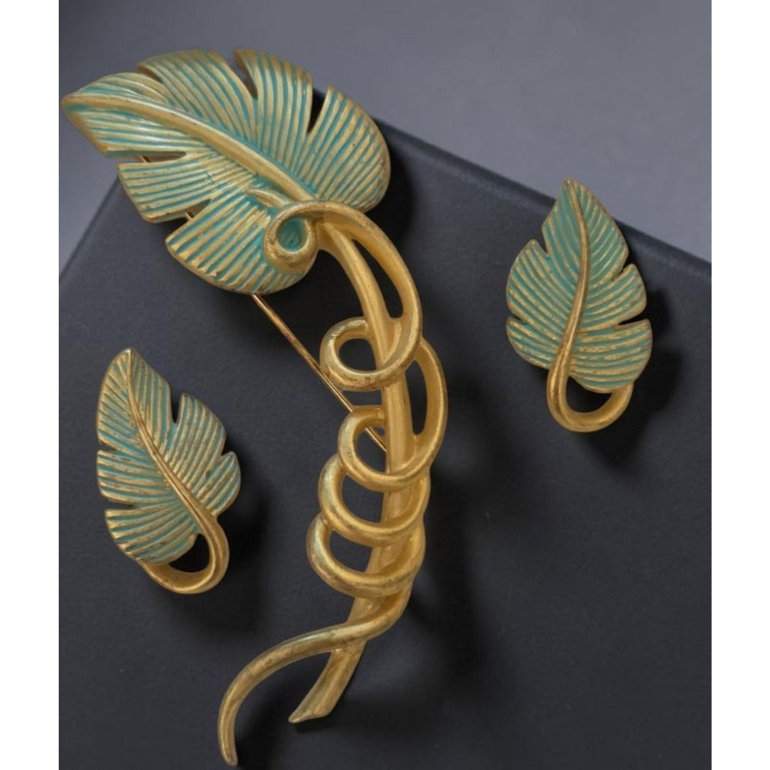 Vintage Givenchy Bird of Paradise Parure Set Leaf Brooch & Clip On Earrings