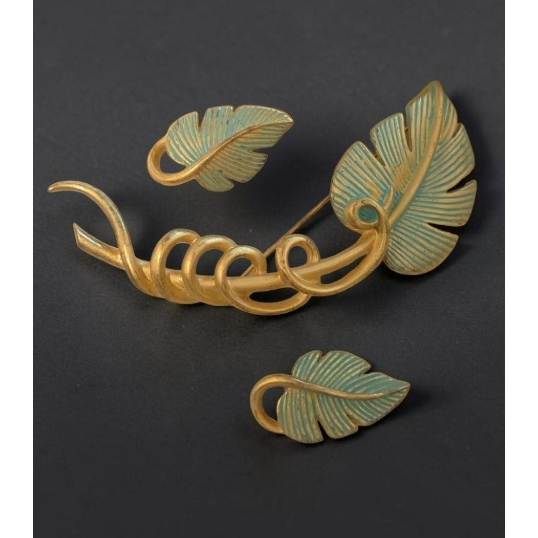 Vintage Givenchy Bird of Paradise Parure Set Leaf Brooch & Clip On Earrings