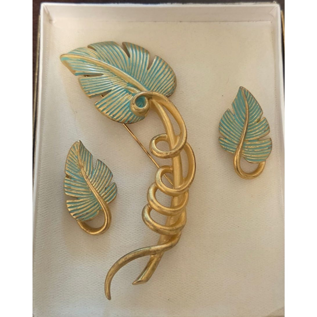 Vintage Givenchy Bird of Paradise Parure Set Leaf Brooch & Clip On Earrings