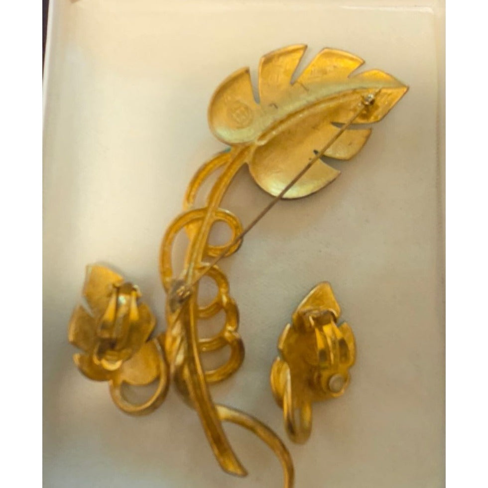Vintage Givenchy Bird of Paradise Parure Set Leaf Brooch & Clip On Earrings