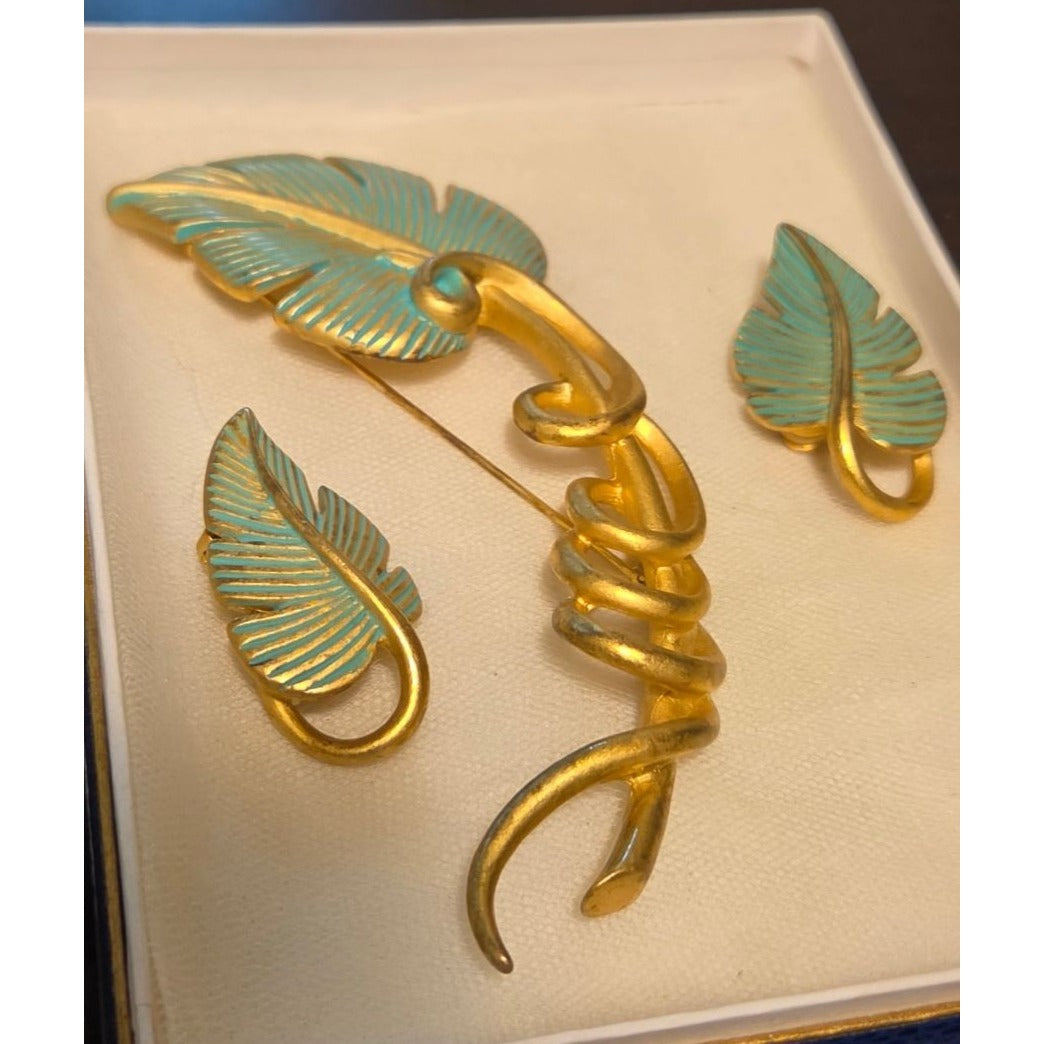 Vintage Givenchy Bird of Paradise Parure Set Leaf Brooch & Clip On Earrings