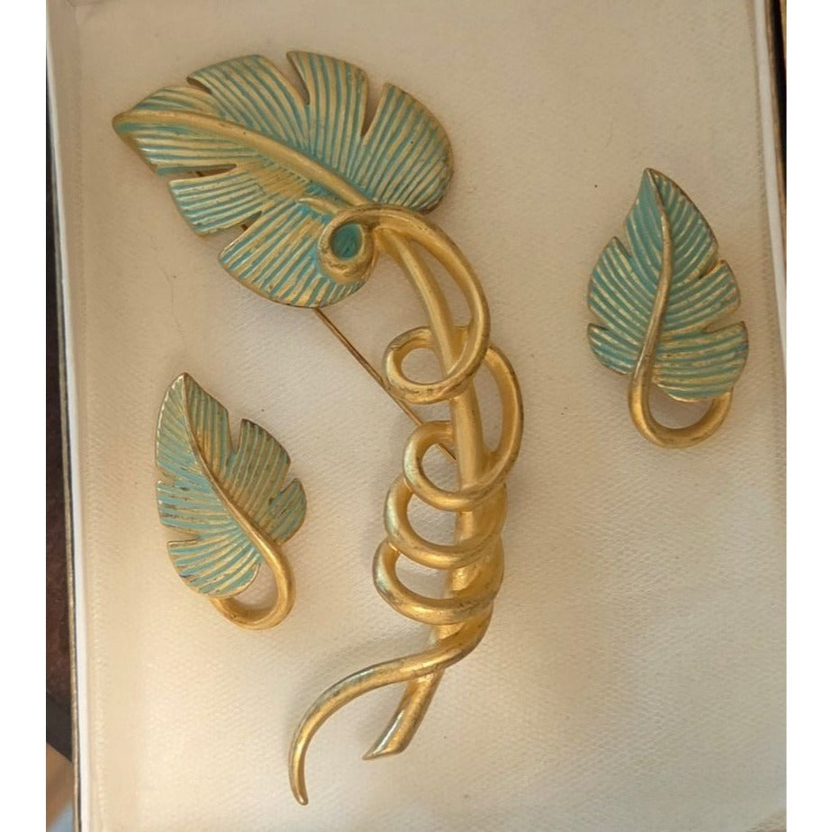 Vintage Givenchy Bird of Paradise Parure Set Leaf Brooch & Clip On Earrings