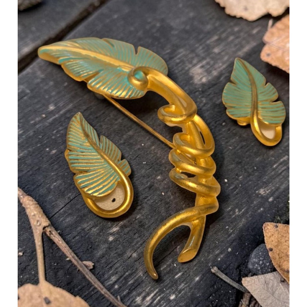 Vintage Givenchy Bird of Paradise Parure Set Leaf Brooch & Clip On Earrings