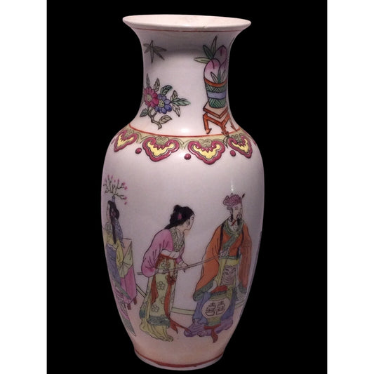 Vintage Chinese Famille Rose Porcelain Vase Court Scene Double Happiness 8.5"