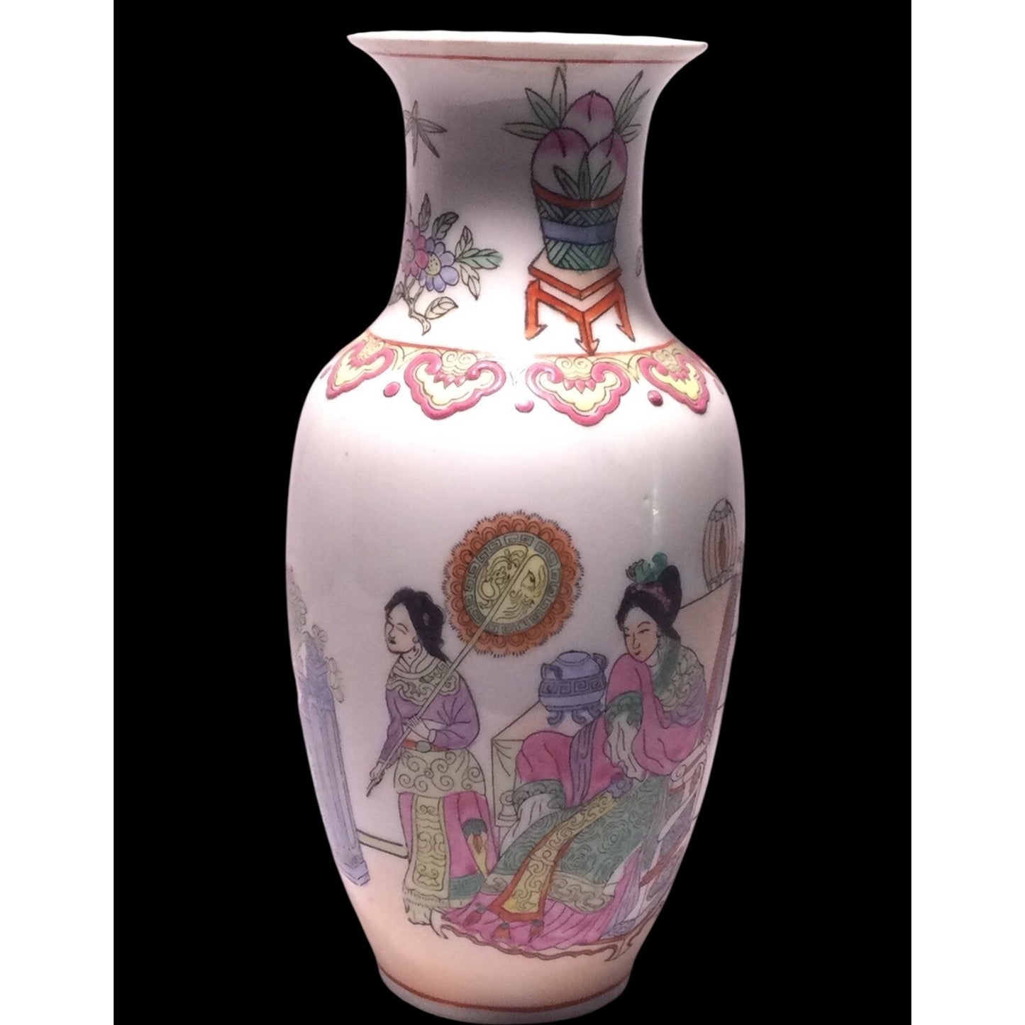 Vintage Chinese Famille Rose Porcelain Vase Court Scene Double Happiness 8.5"