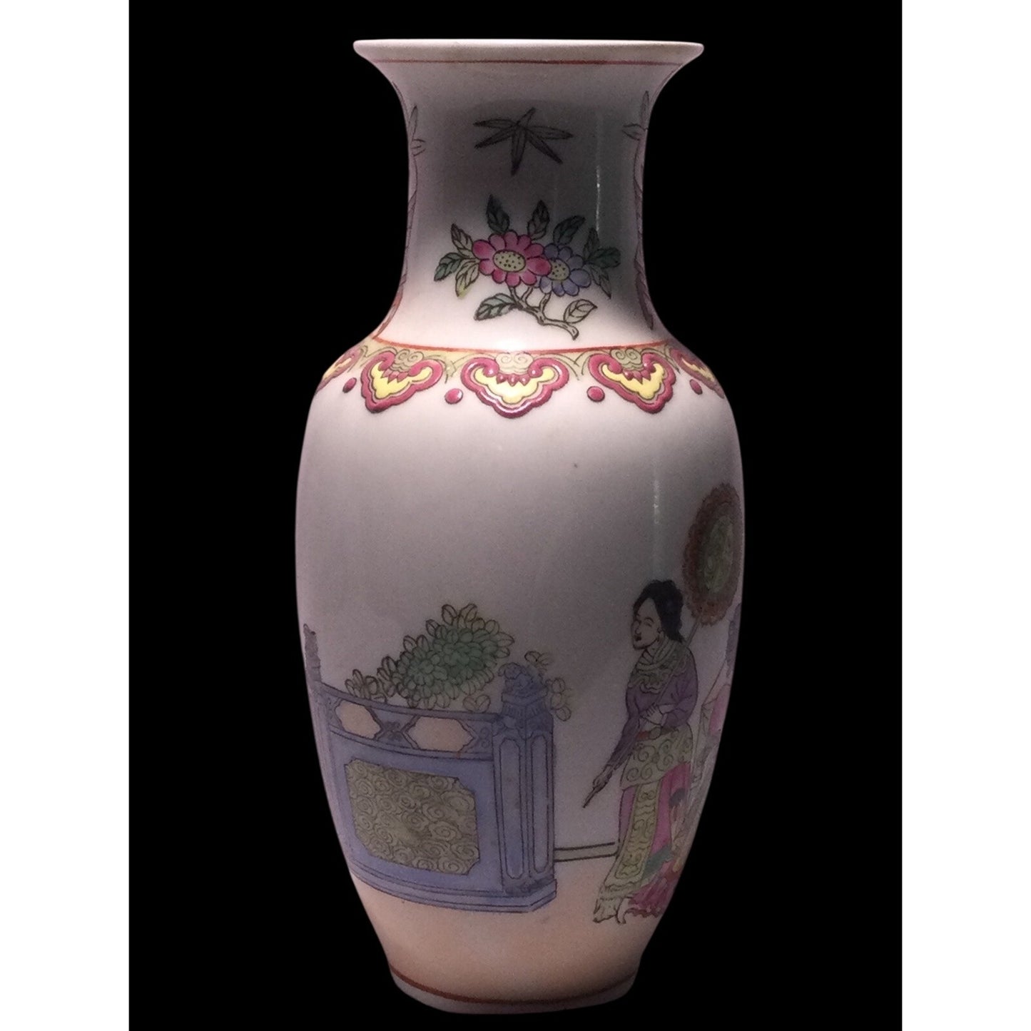 Vintage Chinese Famille Rose Porcelain Vase Court Scene Double Happiness 8.5"