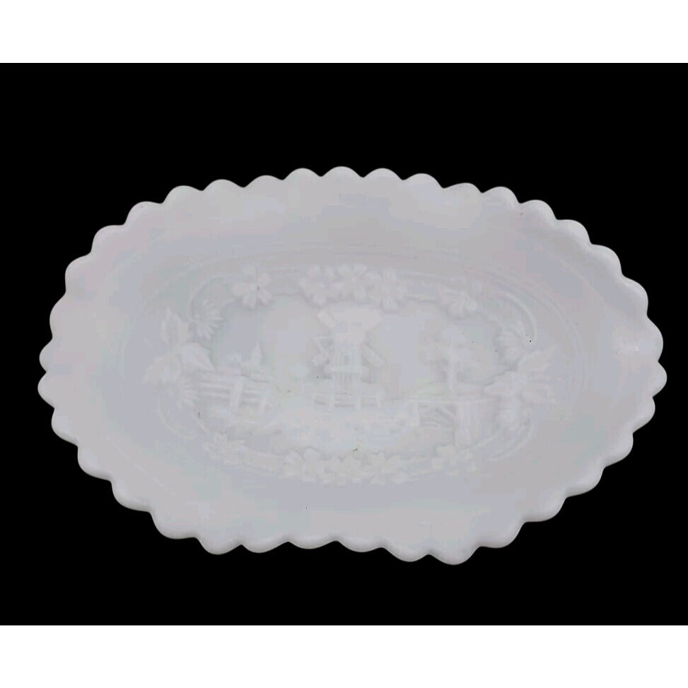 Imperial  Windmill Milk Glass Candy Dish Ruffled Edge Dutch Scene Satin Finish