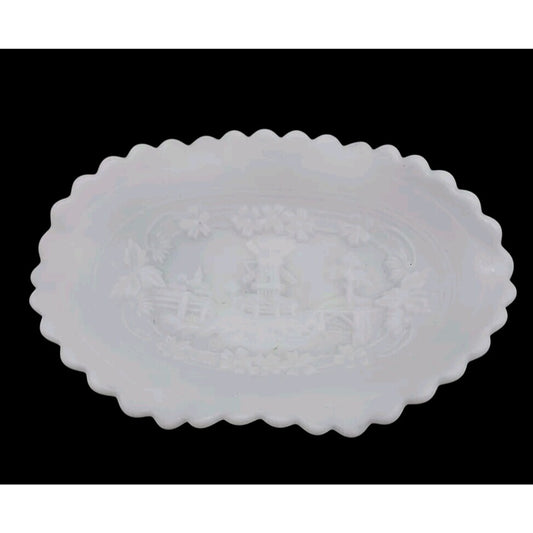 Imperial  Windmill Milk Glass Candy Dish Ruffled Edge Dutch Scene Satin Finish