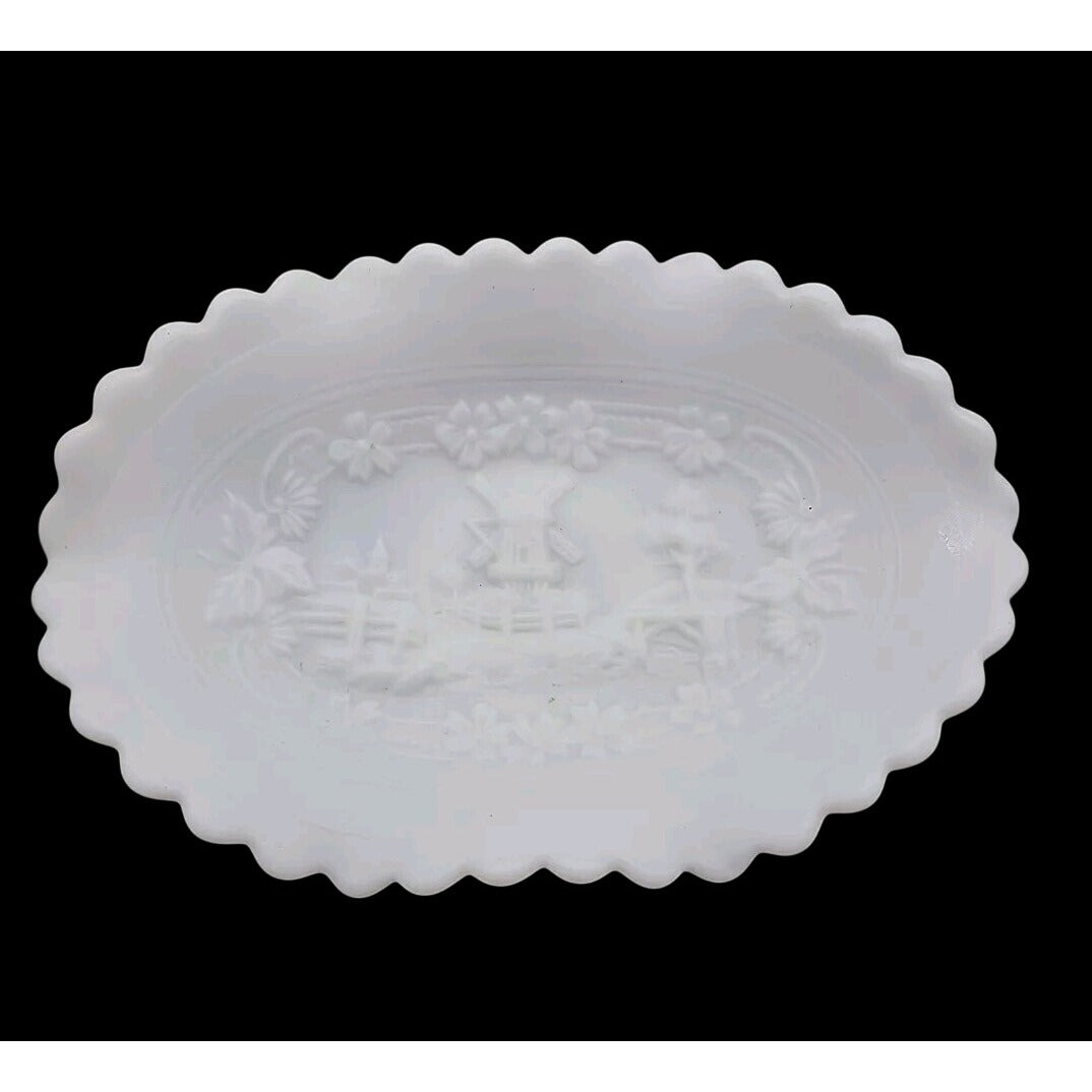 Imperial  Windmill Milk Glass Candy Dish Ruffled Edge Dutch Scene Satin Finish