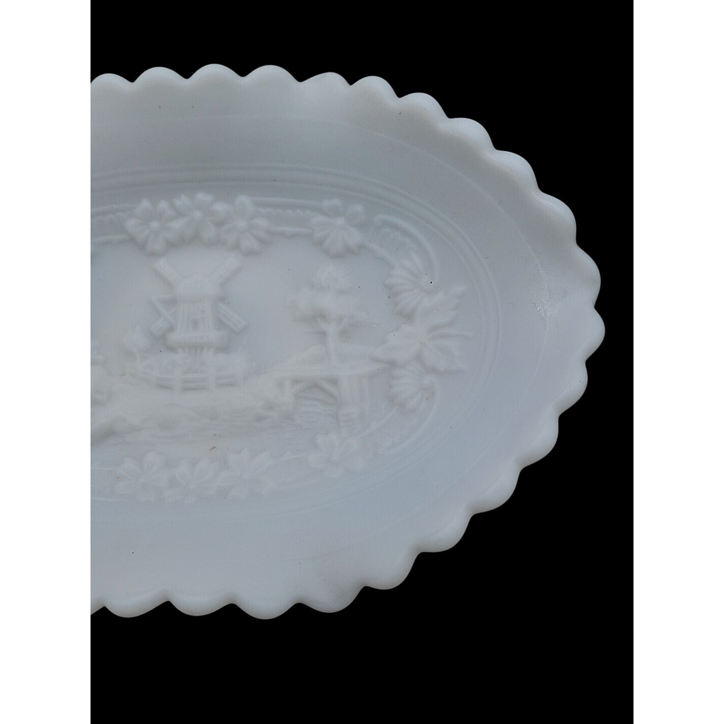 Imperial  Windmill Milk Glass Candy Dish Ruffled Edge Dutch Scene Satin Finish