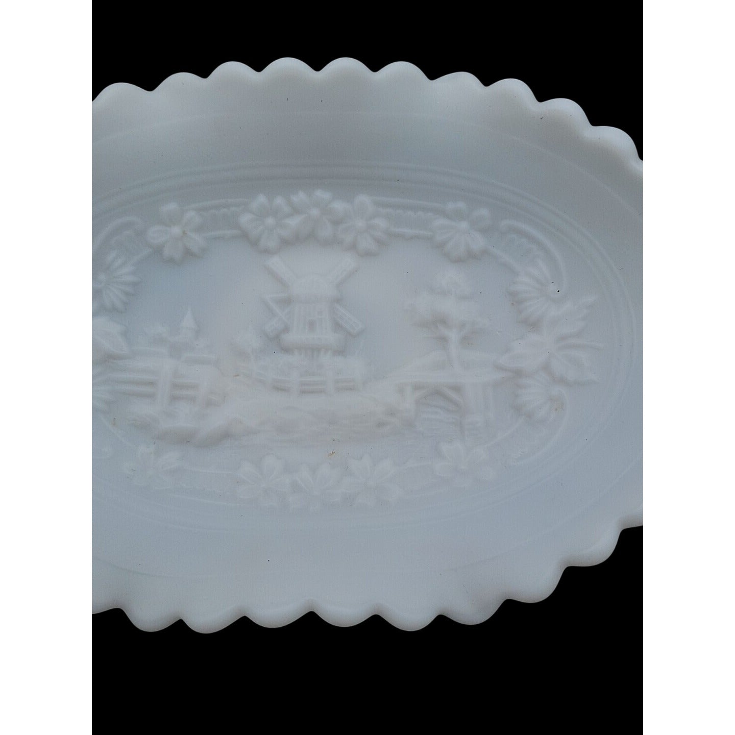 Imperial  Windmill Milk Glass Candy Dish Ruffled Edge Dutch Scene Satin Finish