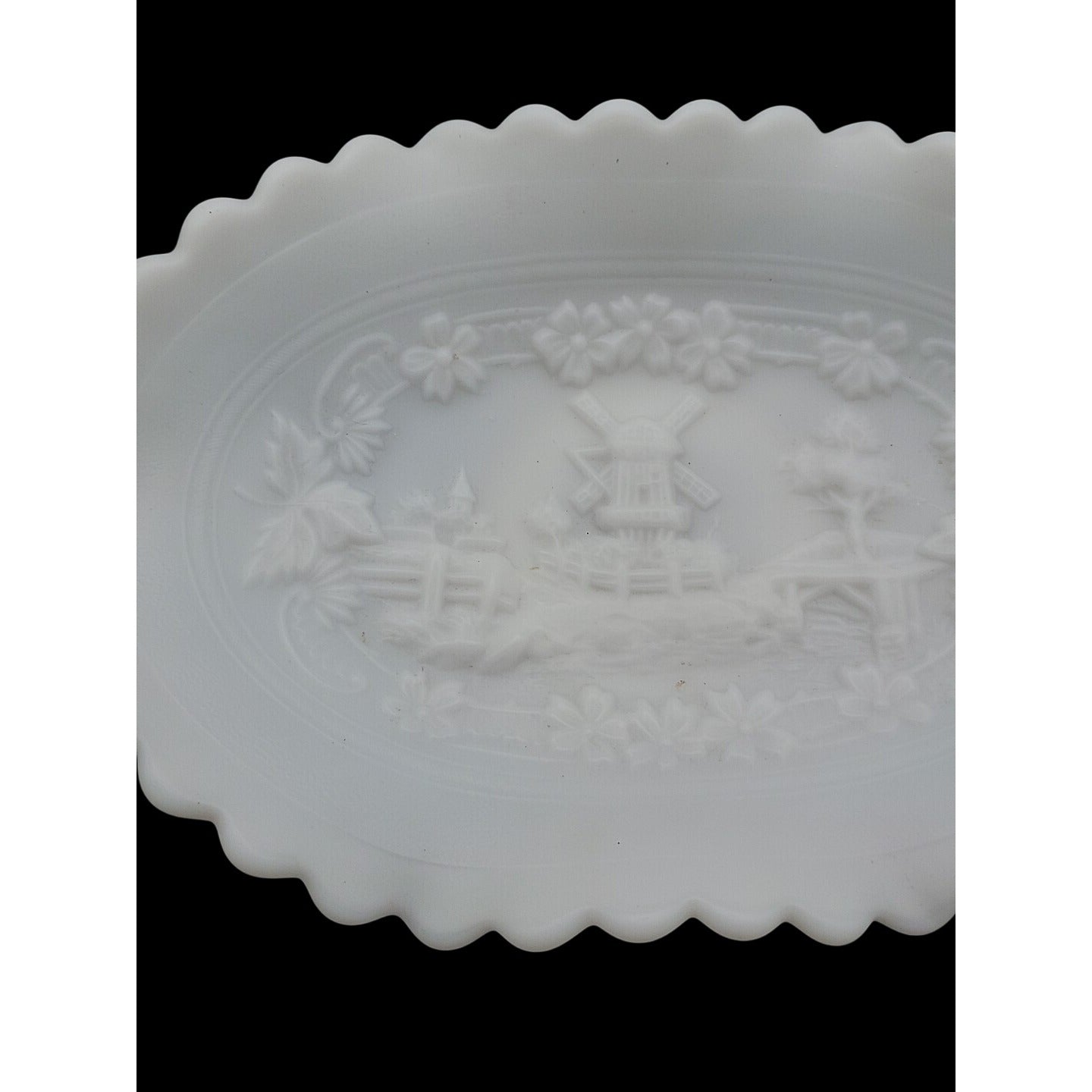 Imperial  Windmill Milk Glass Candy Dish Ruffled Edge Dutch Scene Satin Finish