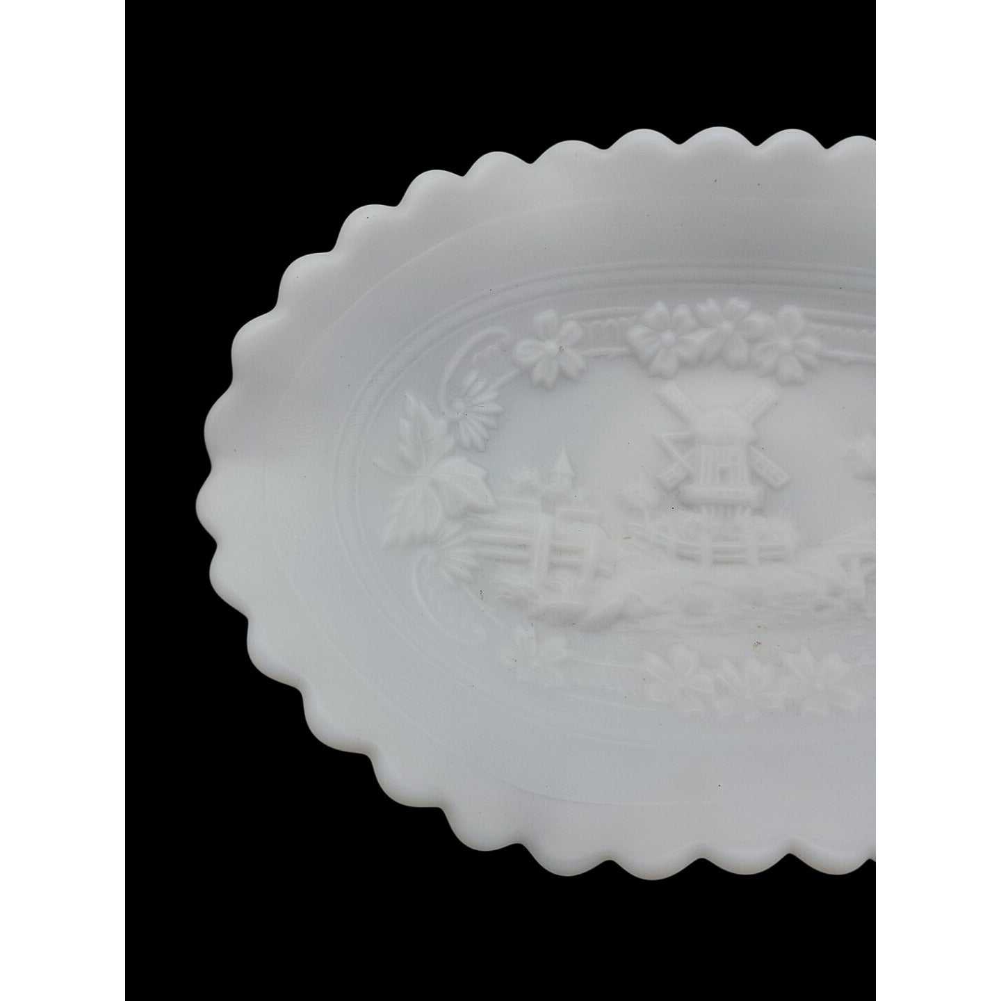 Imperial  Windmill Milk Glass Candy Dish Ruffled Edge Dutch Scene Satin Finish