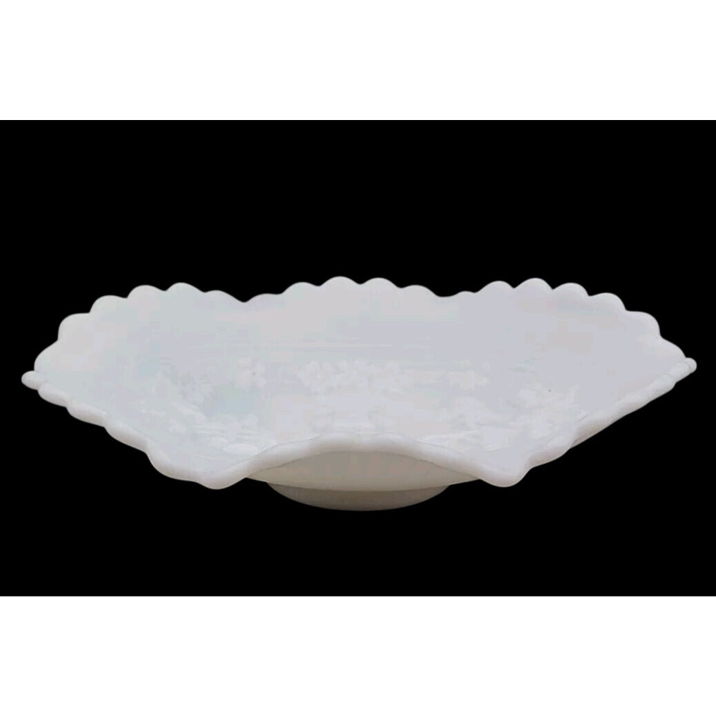 Imperial  Windmill Milk Glass Candy Dish Ruffled Edge Dutch Scene Satin Finish