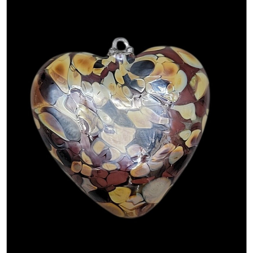 Zorza Poland Hand Blown Glass Heart Ornaments Art Figurine Marbled Brown Tones