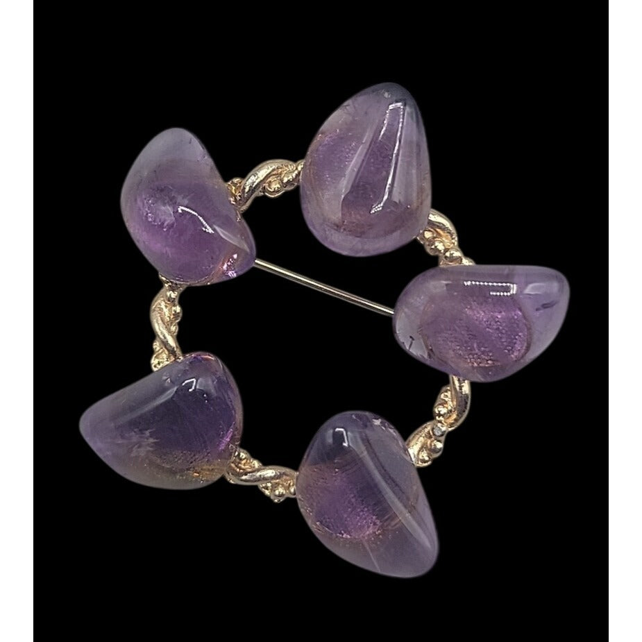 Tumbled Polished Amethyst Gemstone Brooch Twisted Gold Tone Setting Purple Gems