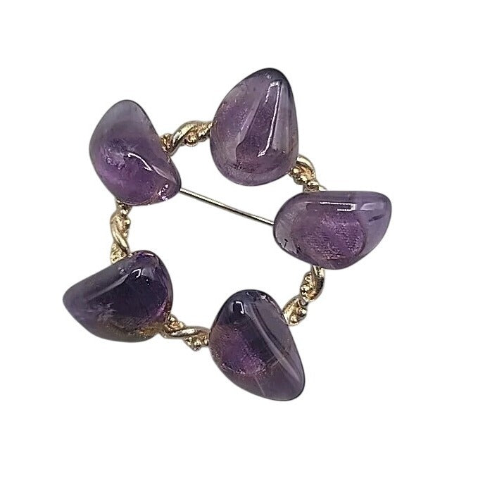Tumbled Polished Amethyst Gemstone Brooch Twisted Gold Tone Setting Purple Gems