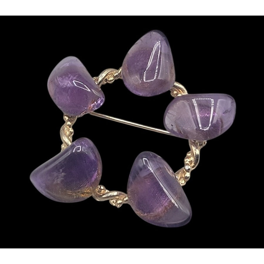 Tumbled Polished Amethyst Gemstone Brooch Twisted Gold Tone Setting Purple Gems