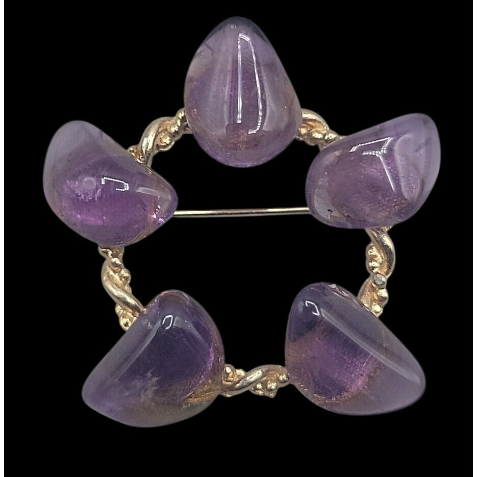 Tumbled Polished Amethyst Gemstone Brooch Twisted Gold Tone Setting Purple Gems