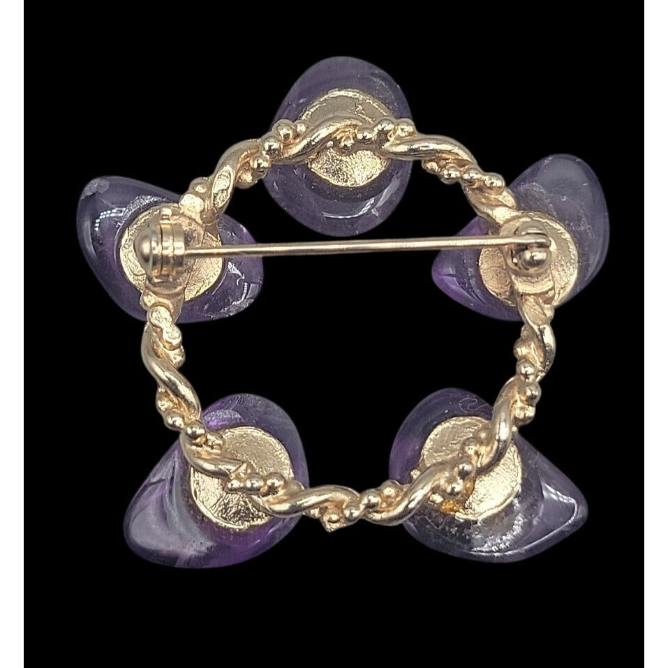 Tumbled Polished Amethyst Gemstone Brooch Twisted Gold Tone Setting Purple Gems