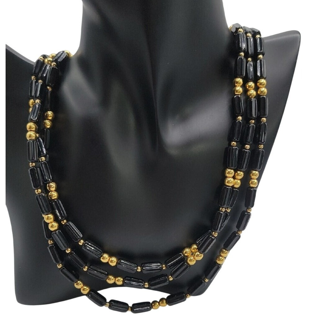 Trifari Multistrand Beaded Necklace Black Tubes & Gold Tone Spaces  24" Necklace