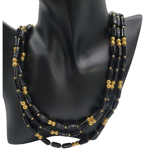 Trifari Multistrand Beaded Necklace Black Tubes & Gold Tone Spaces  24" Necklace