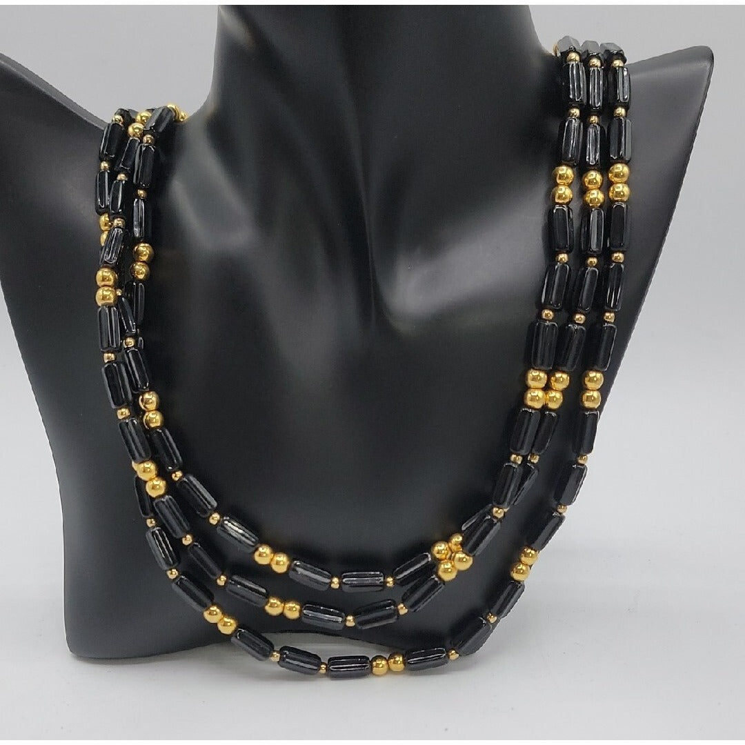 Trifari Multistrand Beaded Necklace Black Tubes & Gold Tone Spaces  24" Necklace