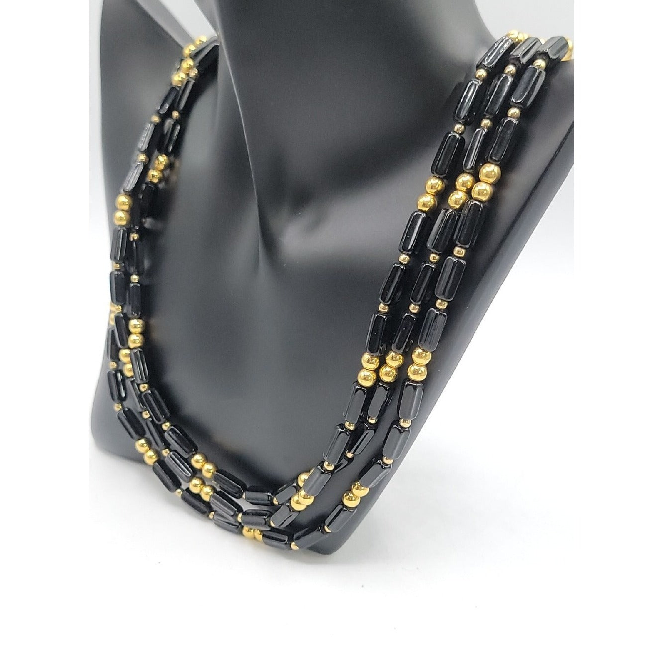 Trifari Multistrand Beaded Necklace Black Tubes & Gold Tone Spaces  24" Necklace