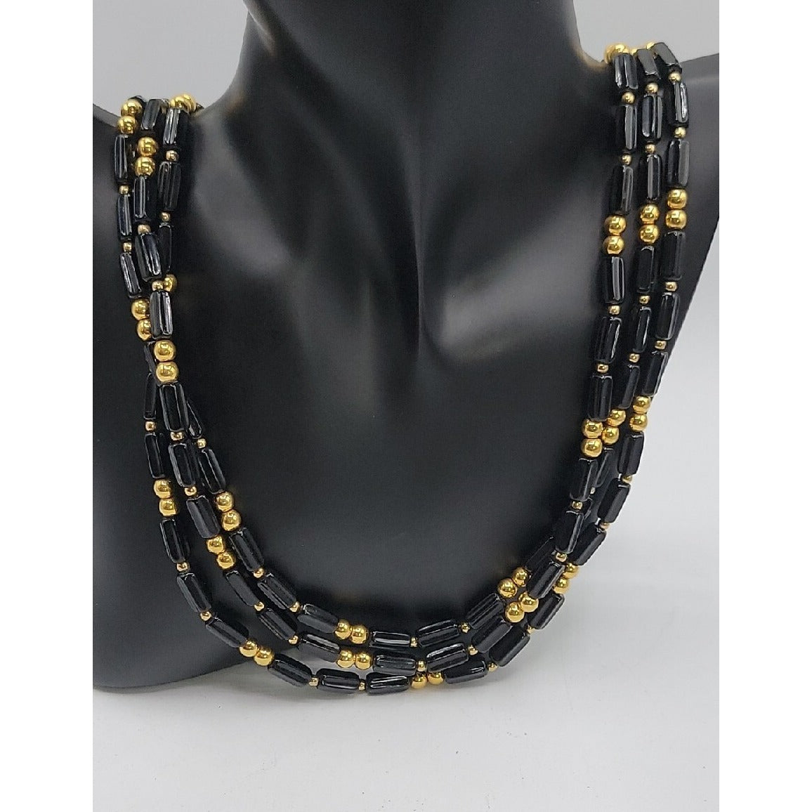 Trifari Multistrand Beaded Necklace Black Tubes & Gold Tone Spaces  24" Necklace