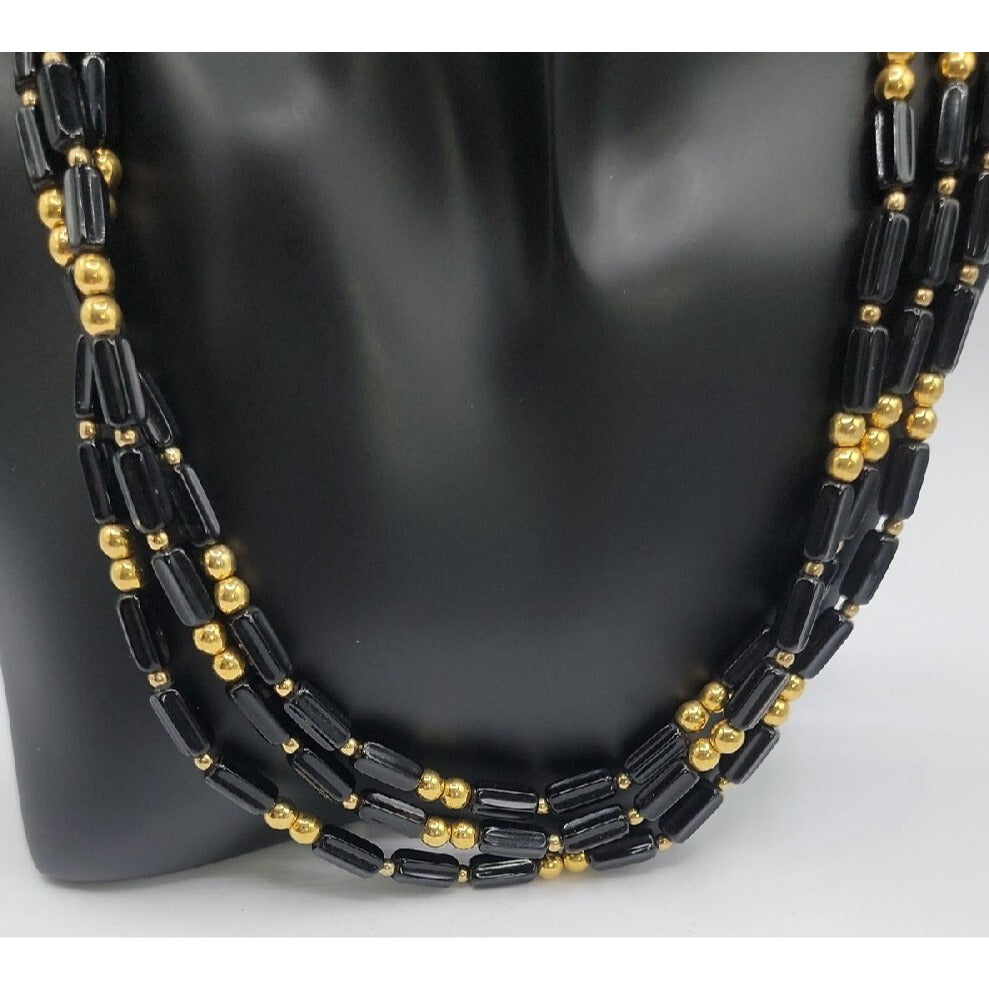 Trifari Multistrand Beaded Necklace Black Tubes & Gold Tone Spaces  24" Necklace