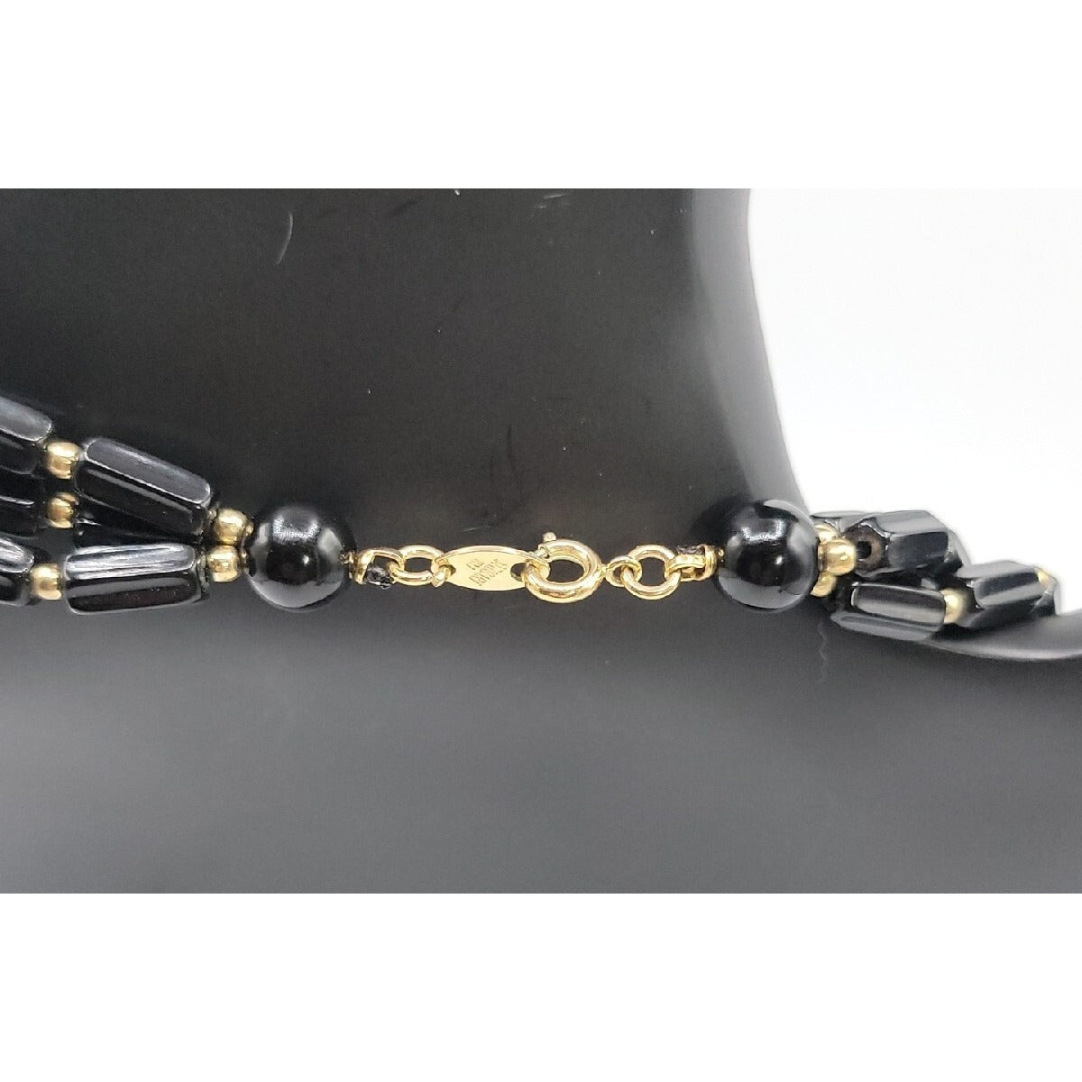 Trifari Multistrand Beaded Necklace Black Tubes & Gold Tone Spaces  24" Necklace