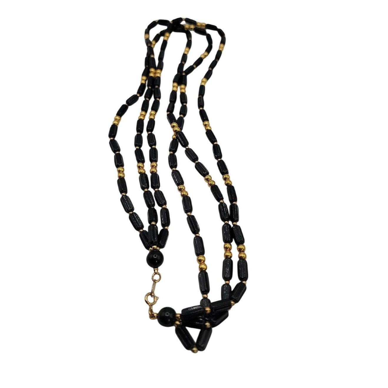 Trifari Multistrand Beaded Necklace Black Tubes & Gold Tone Spaces  24" Necklace