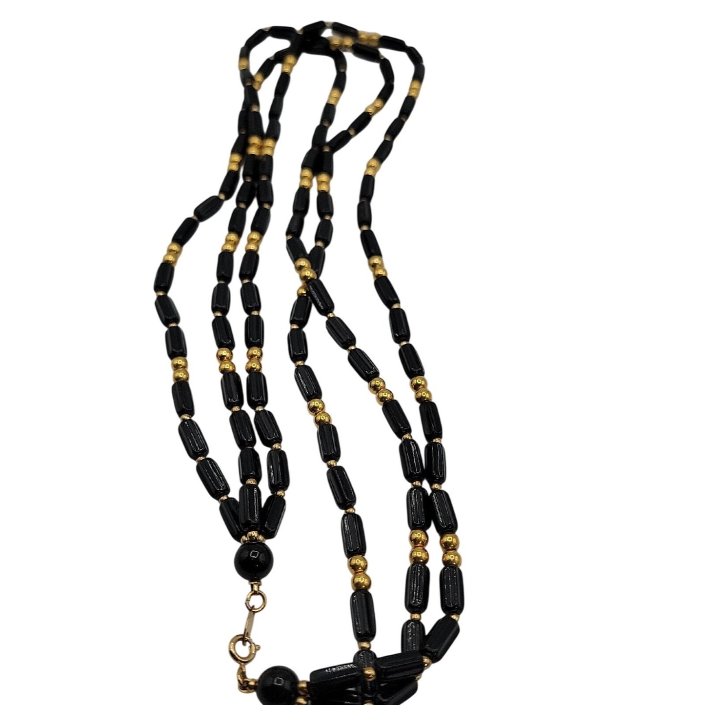 Trifari Multistrand Beaded Necklace Black Tubes & Gold Tone Spaces  24" Necklace