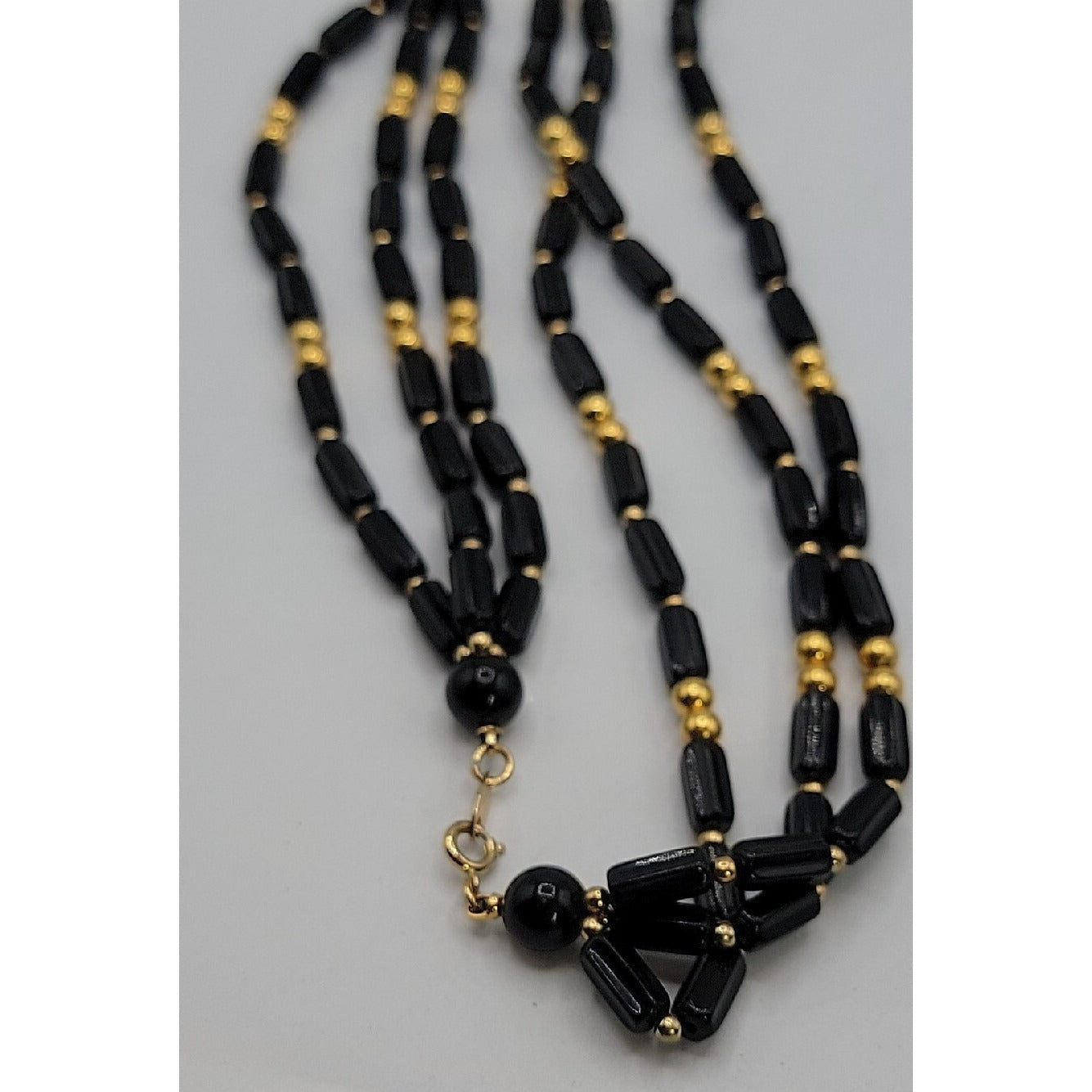 Trifari Multistrand Beaded Necklace Black Tubes & Gold Tone Spaces  24" Necklace