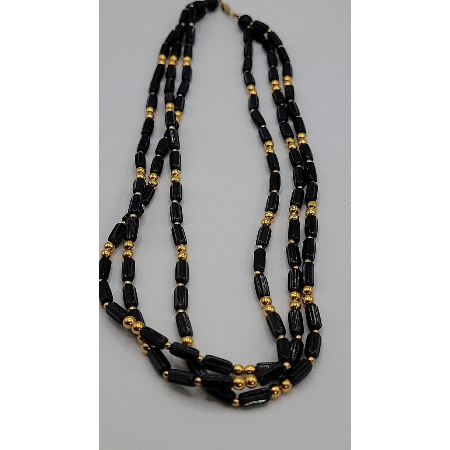 Trifari Multistrand Beaded Necklace Black Tubes & Gold Tone Spaces  24" Necklace
