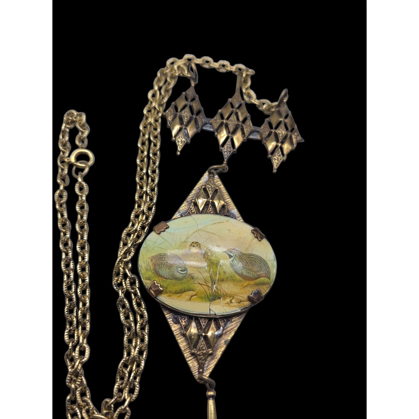 Antique Victorian Celluloid Quail Bird Pendant Necklace Brass Filigree 22" AS IS