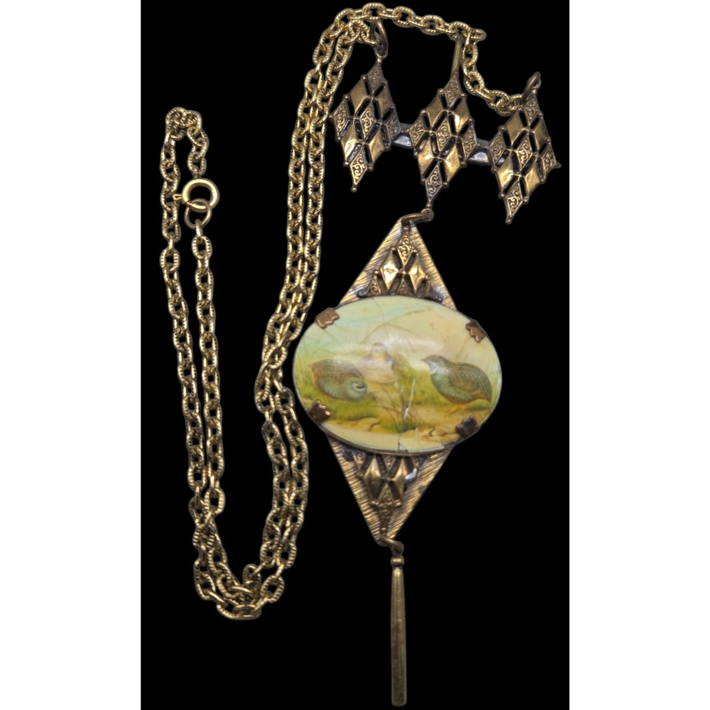 Antique Victorian Celluloid Quail Bird Pendant Necklace Brass Filigree 22" AS IS