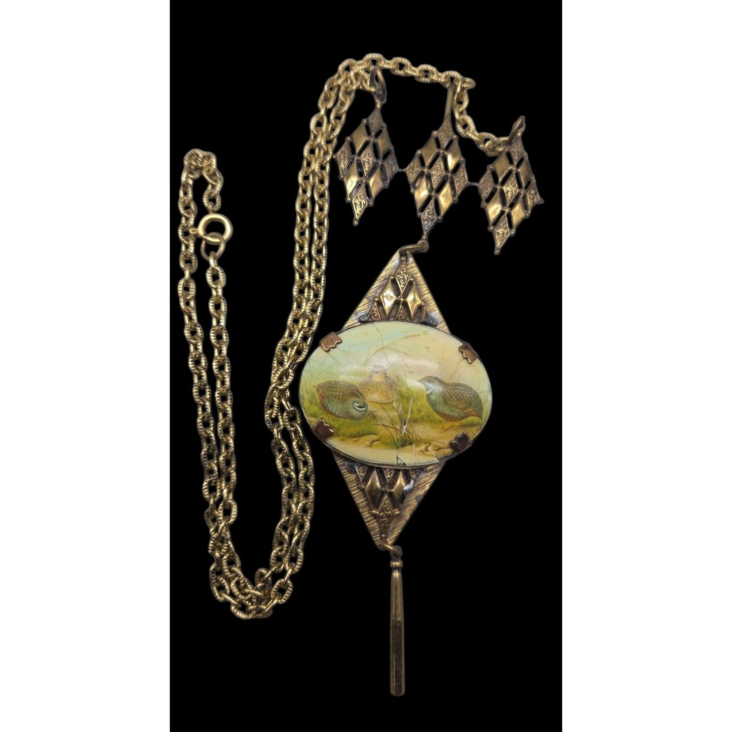 Antique Victorian Celluloid Quail Bird Pendant Necklace Brass Filigree 22" AS IS
