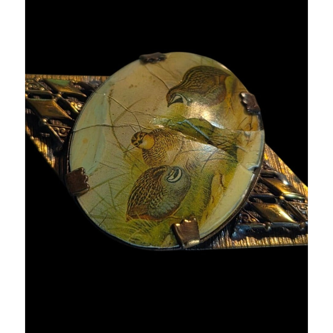Antique Victorian Celluloid Quail Bird Pendant Necklace Brass Filigree 22" AS IS