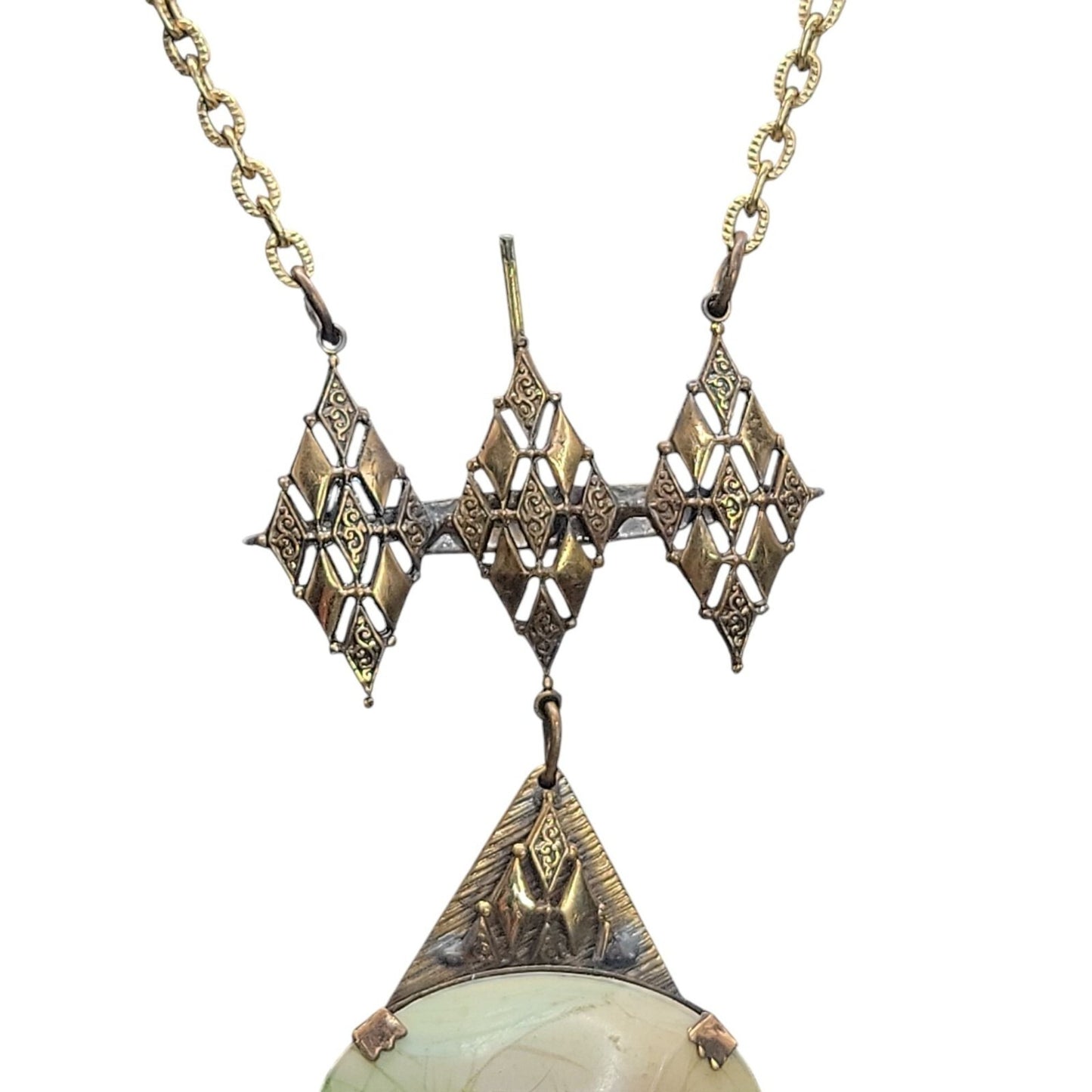 Antique Victorian Celluloid Quail Bird Pendant Necklace Brass Filigree 22" AS IS