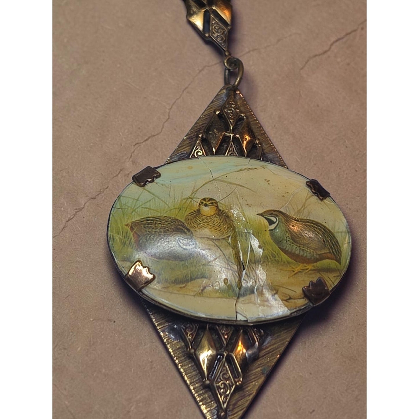 Antique Victorian Celluloid Quail Bird Pendant Necklace Brass Filigree 22" AS IS