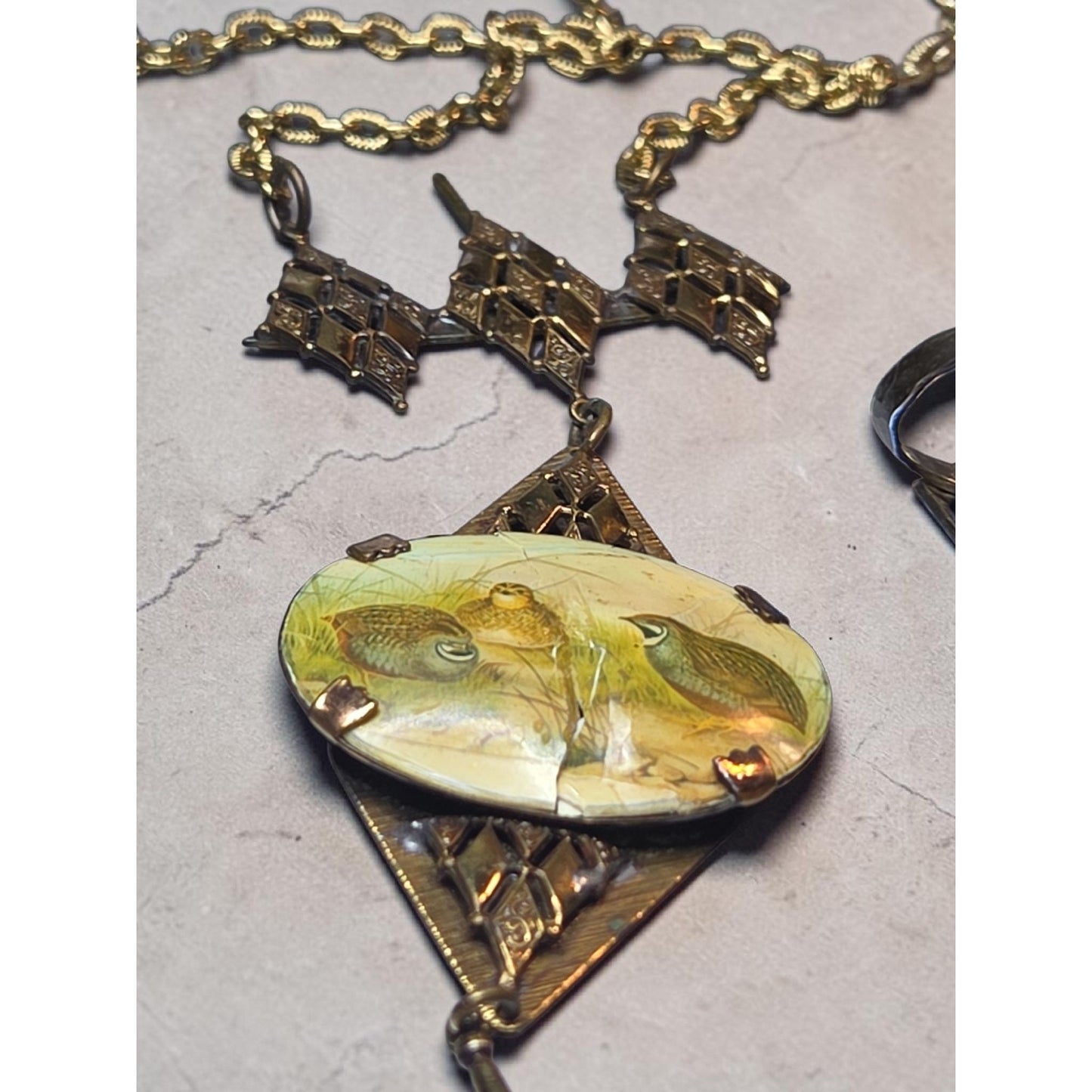 Antique Victorian Celluloid Quail Bird Pendant Necklace Brass Filigree 22" AS IS